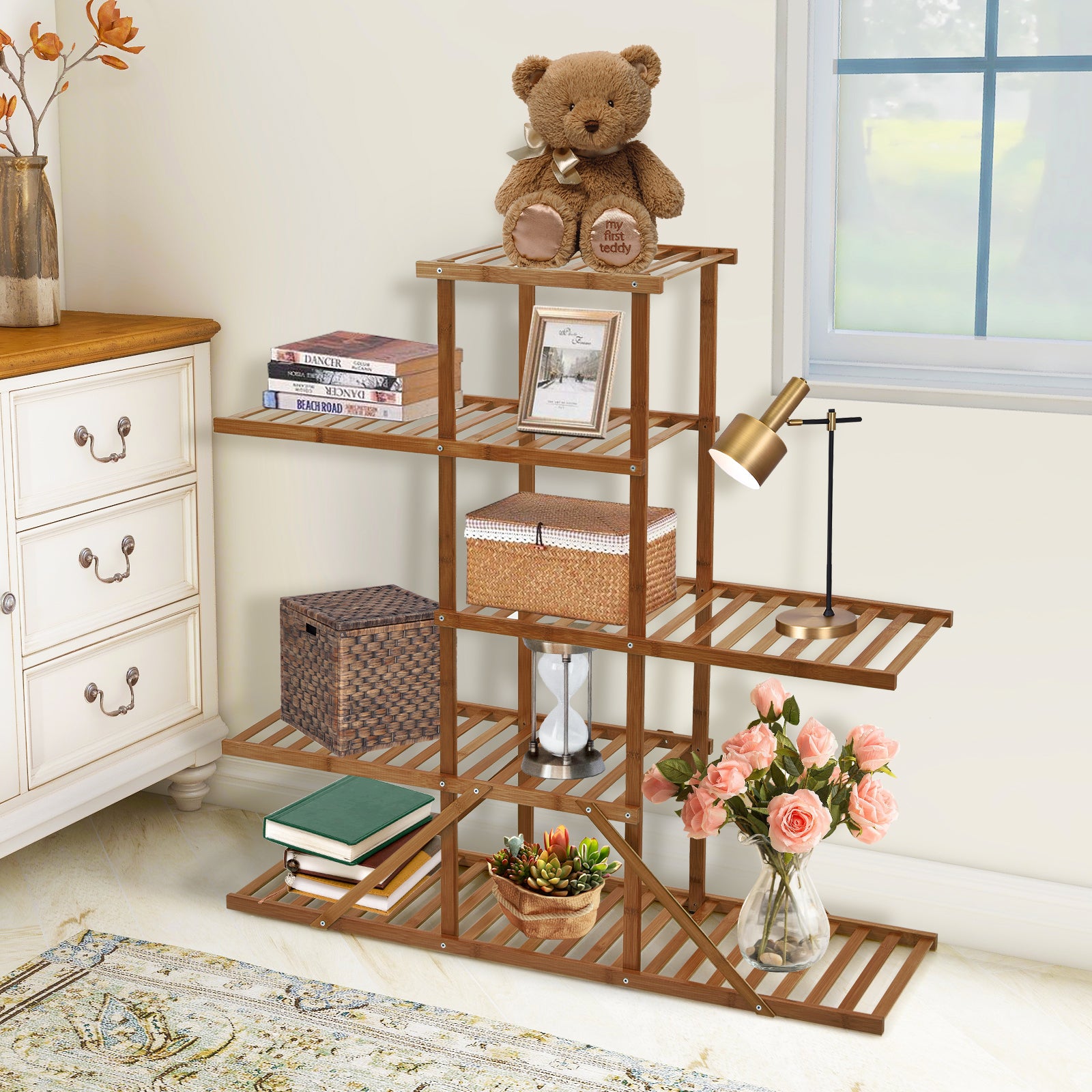 5-tier 10 Potted Bamboo Plant Stand-Brown 