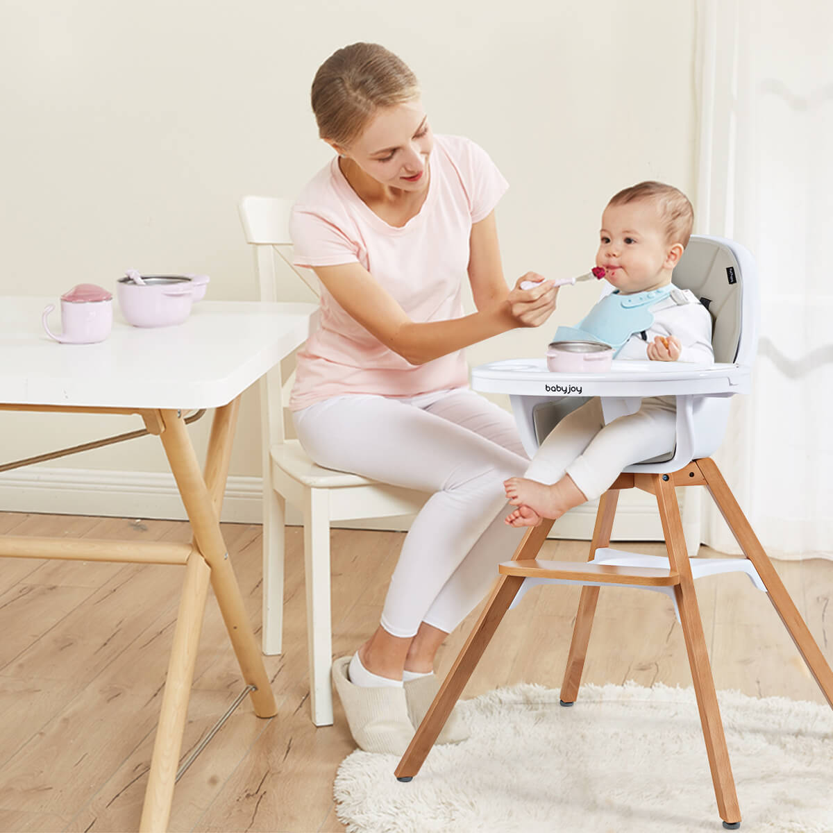 3-in-1 Convertible Wooden Baby High Chair-Gray 