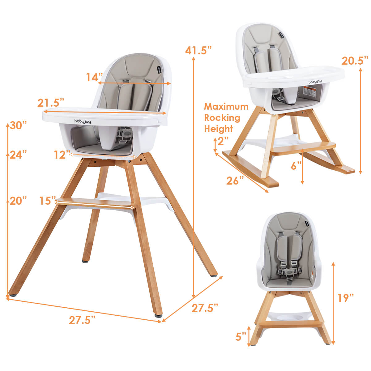 3-in-1 Convertible Wooden Baby High Chair-Gray 