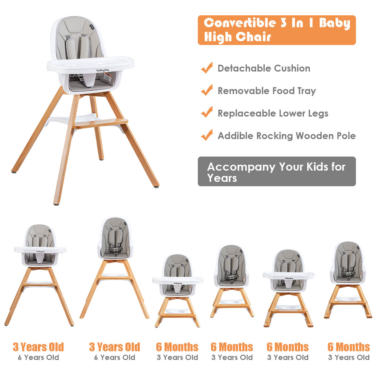 3-in-1 Convertible Wooden Baby High Chair-Gray 