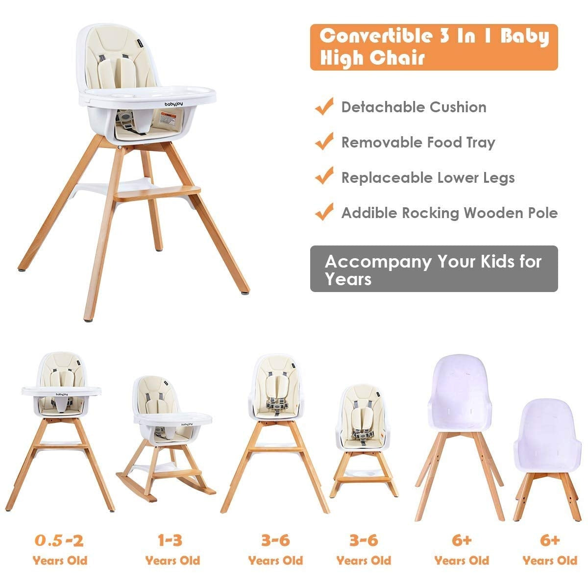 3-in-1 Convertible Wooden Baby High Chair-Beige 