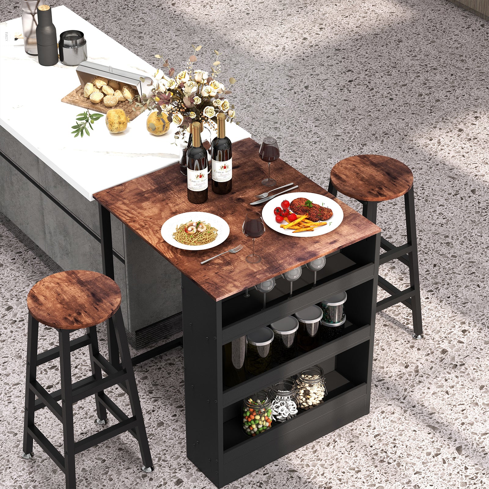 3 Pieces Bar Table Set with Storage 