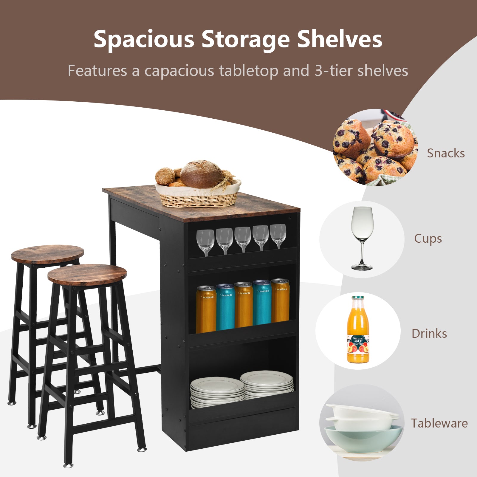 3 Pieces Bar Table Set with Storage