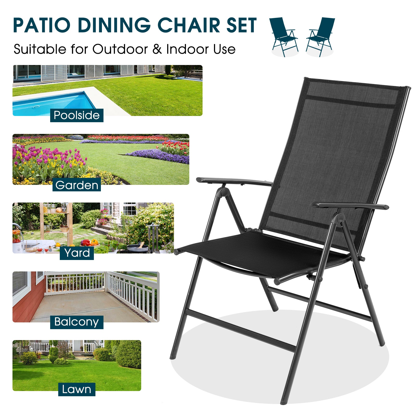 Set of 2 Adjustable Portable Patio Folding Dining Chair Recliners-Black