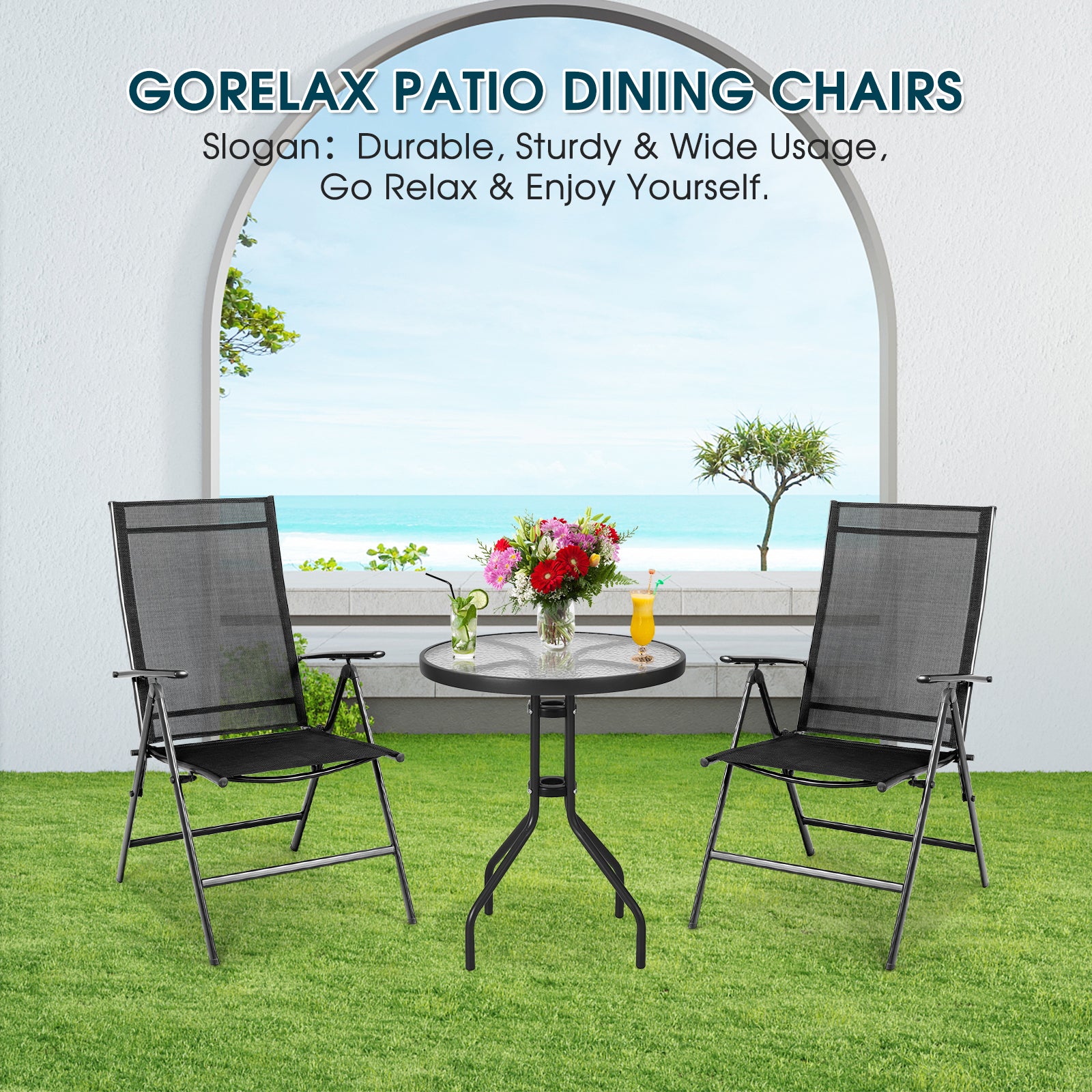 Set of 2 Adjustable Portable Patio Folding Dining Chair Recliners-Black