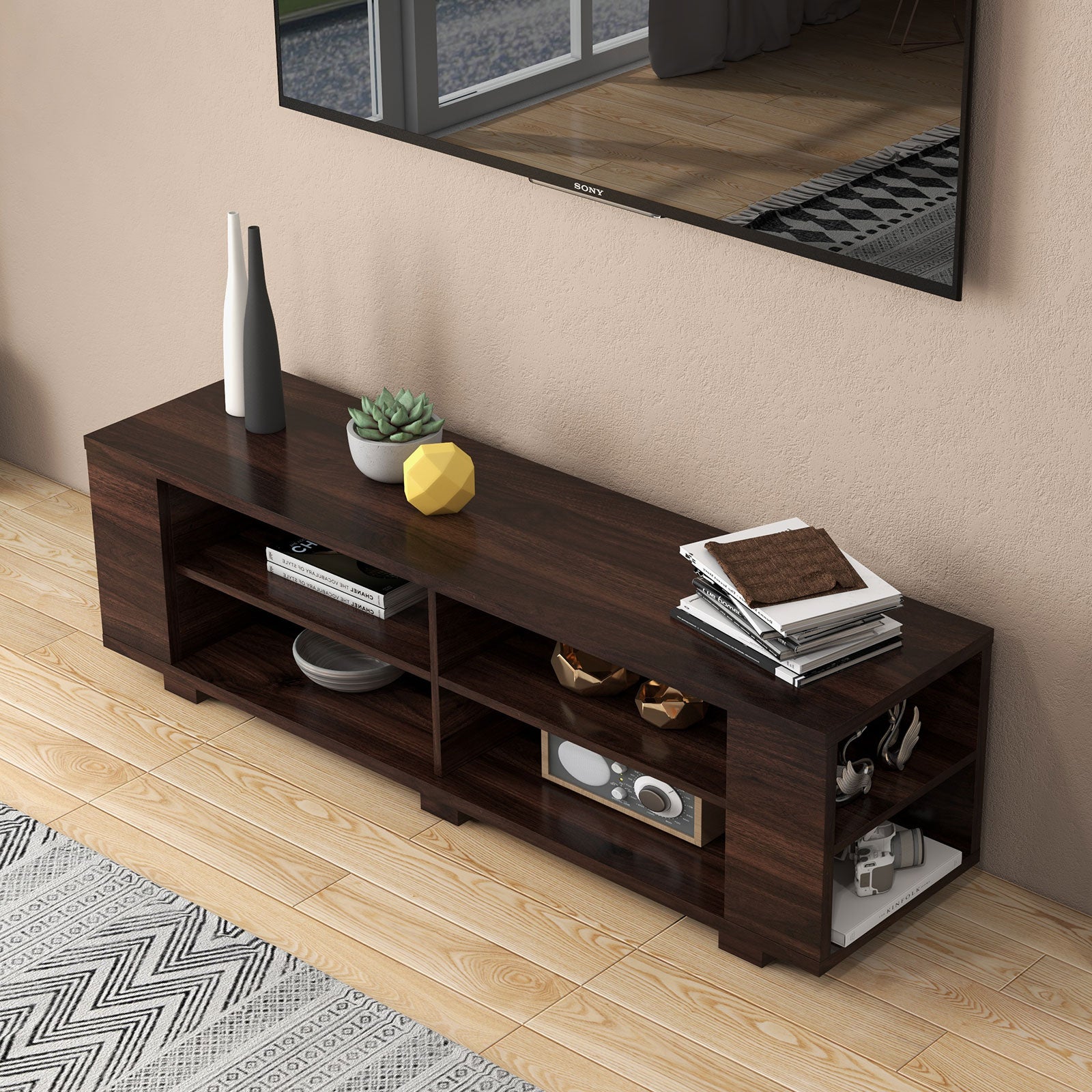 59 Inch Console Storage Entertainment Media Wood TV Stand-Walnut