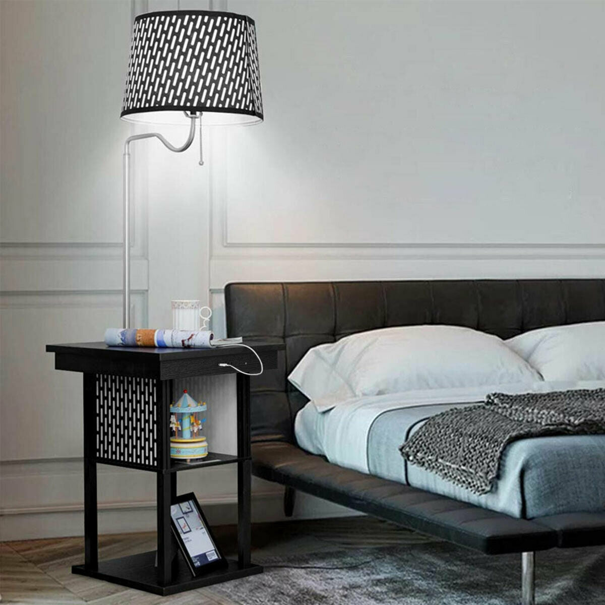 Floor Lamp Bedside Desk with USB Charging Ports ShelvesÂ 