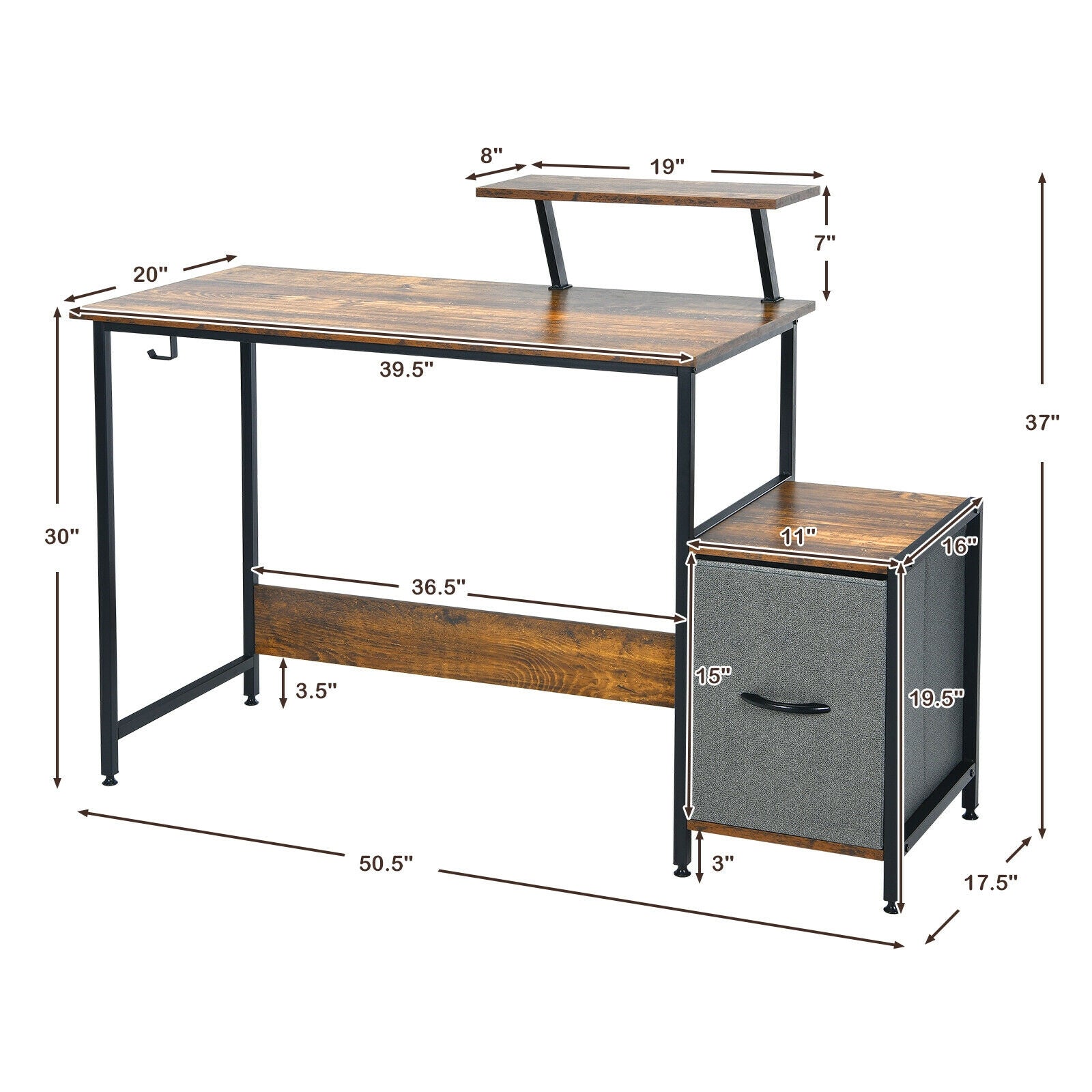 Computer Desk with Reversible Storage Drawer and Moveable Shelf-Brown