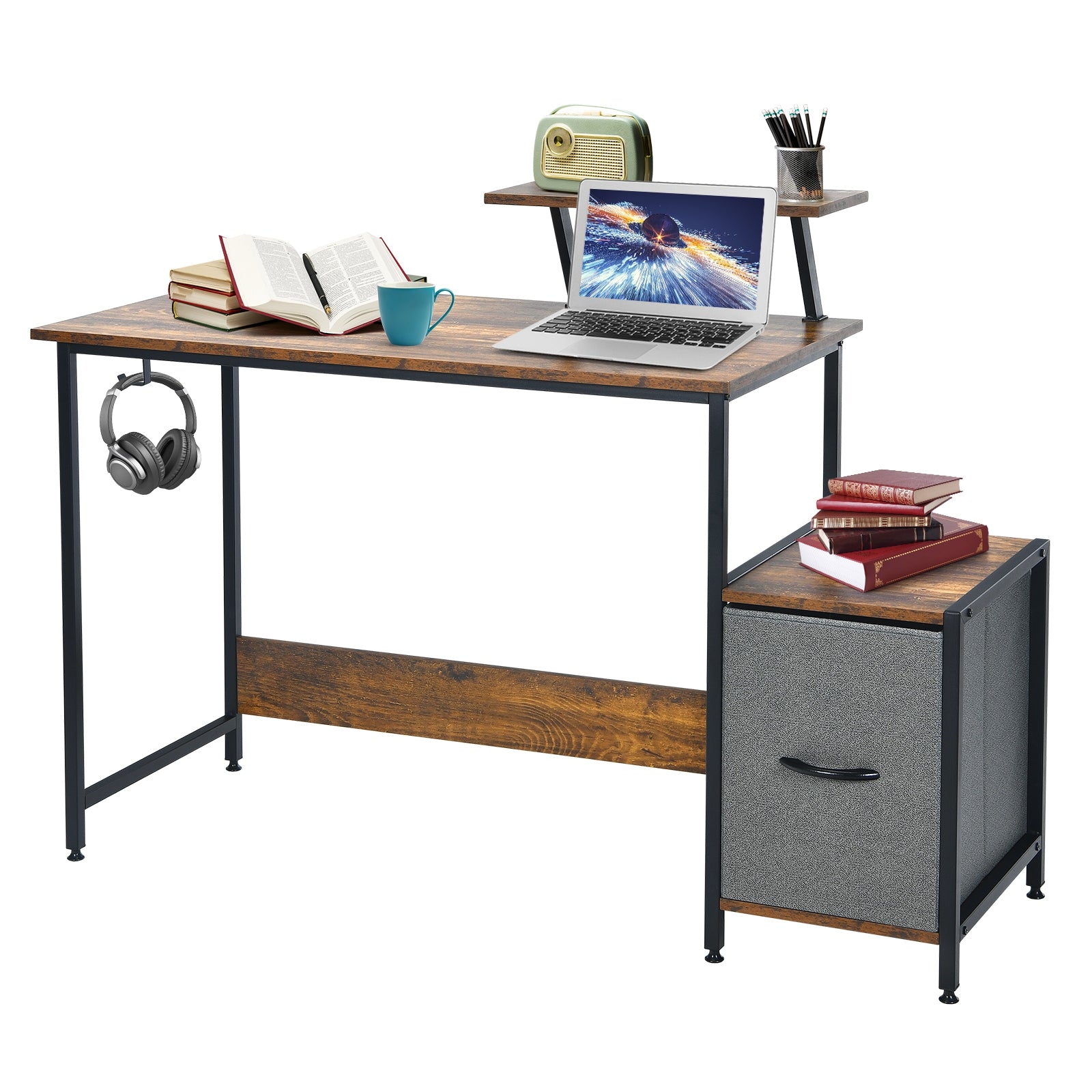 Computer Desk with Reversible Storage Drawer and Moveable Shelf-Brown