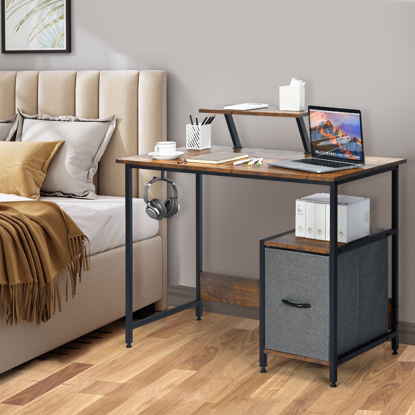 Computer Desk with Reversible Storage Drawer and Moveable Shelf-Brown