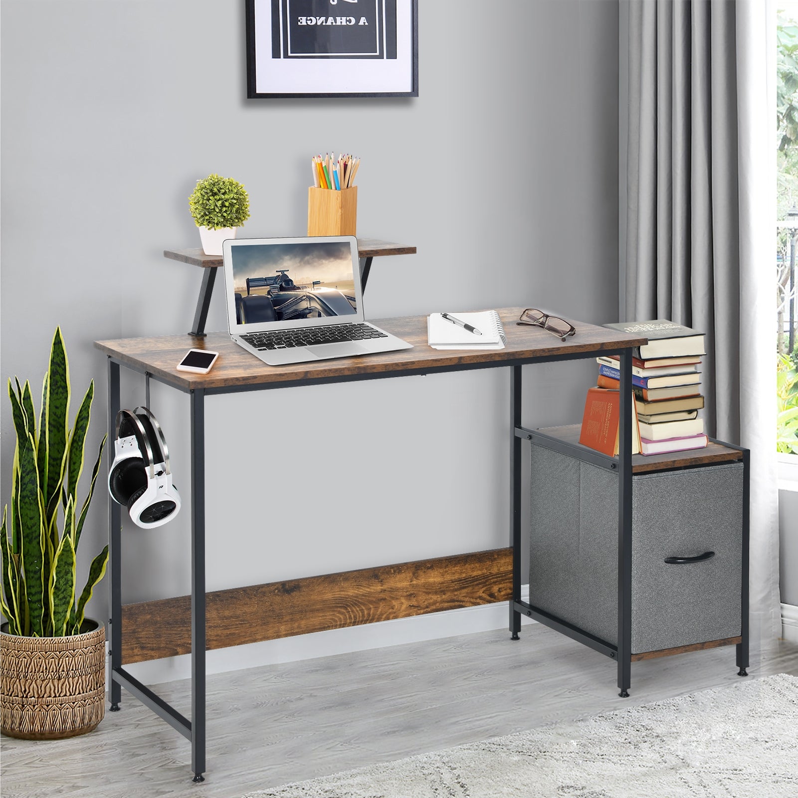 Computer Desk with Reversible Storage Drawer and Moveable Shelf-Brown 