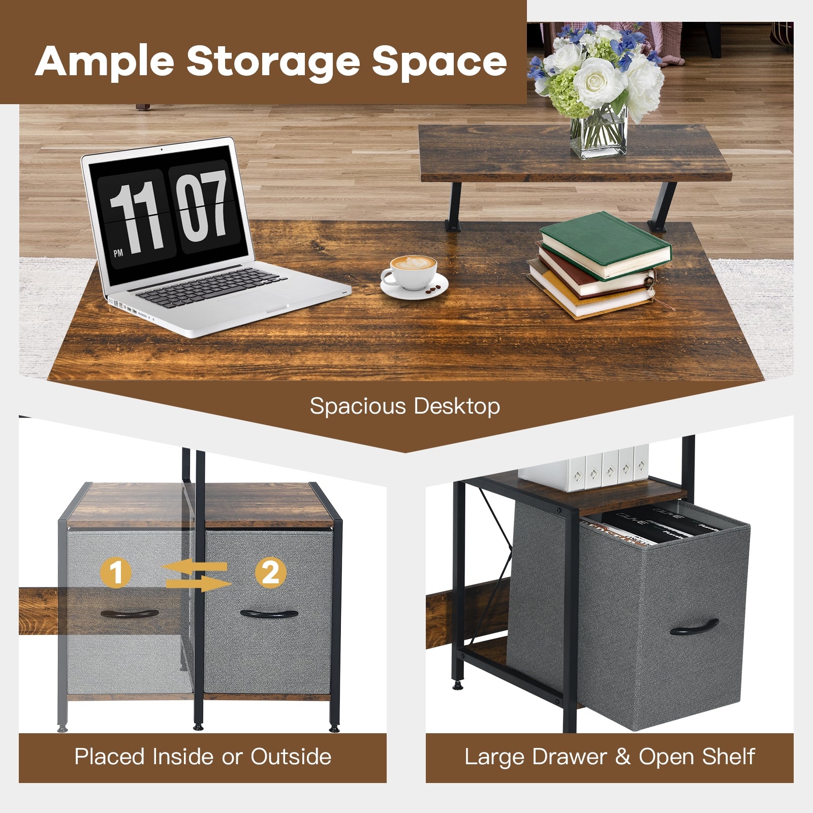 Computer Desk with Reversible Storage Drawer and Moveable Shelf-Brown