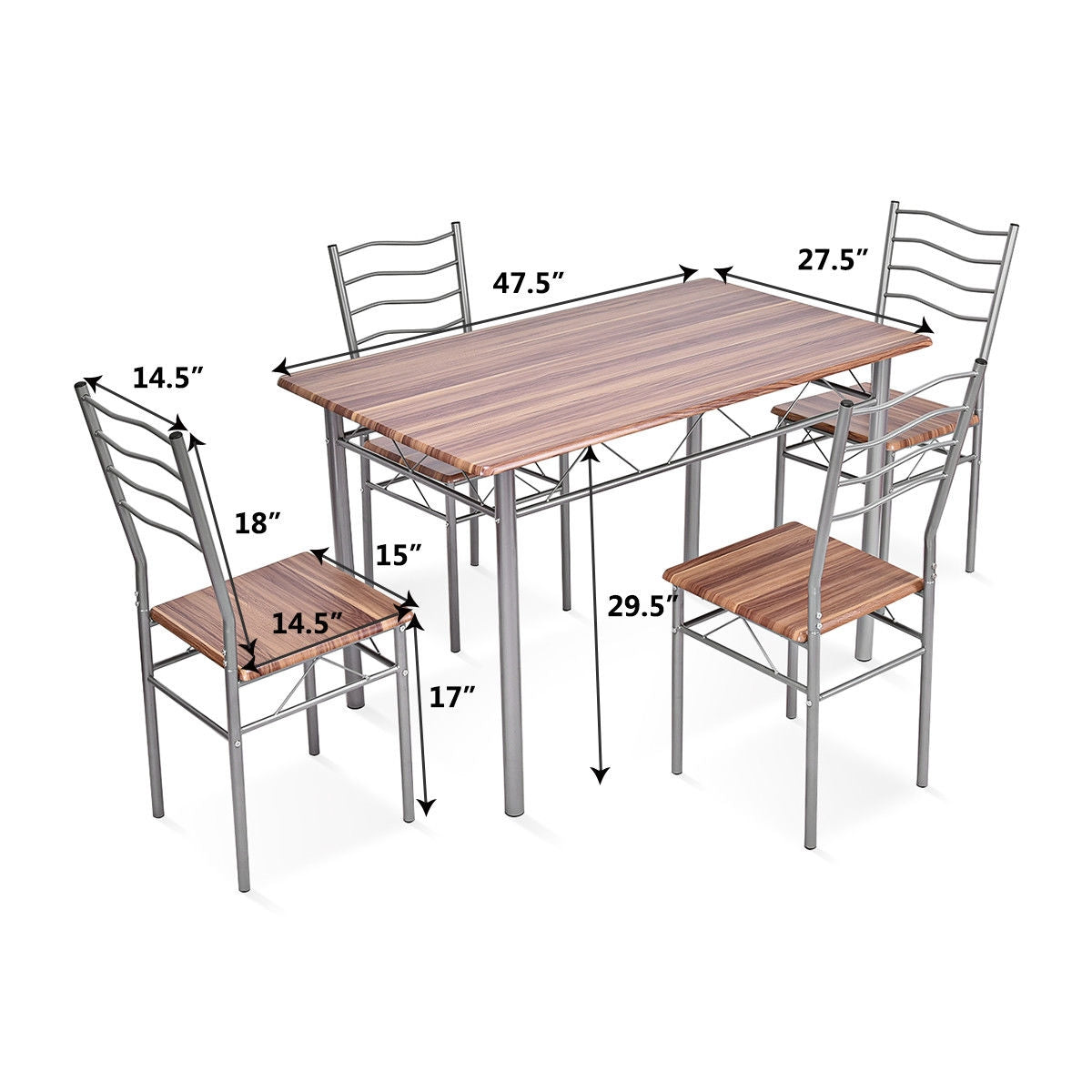 5 Pieces Wood Metal Dining Table Set with 4 Chairs-WalnutÂ 