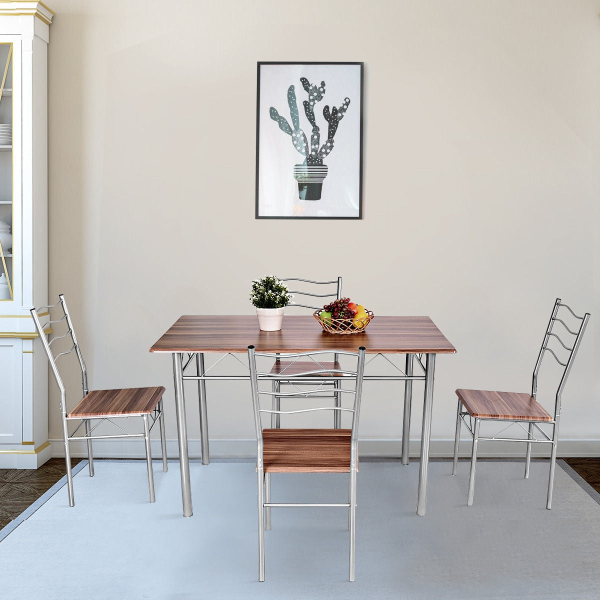 5 Pieces Wood Metal Dining Table Set with 4 Chairs-WalnutÂ 