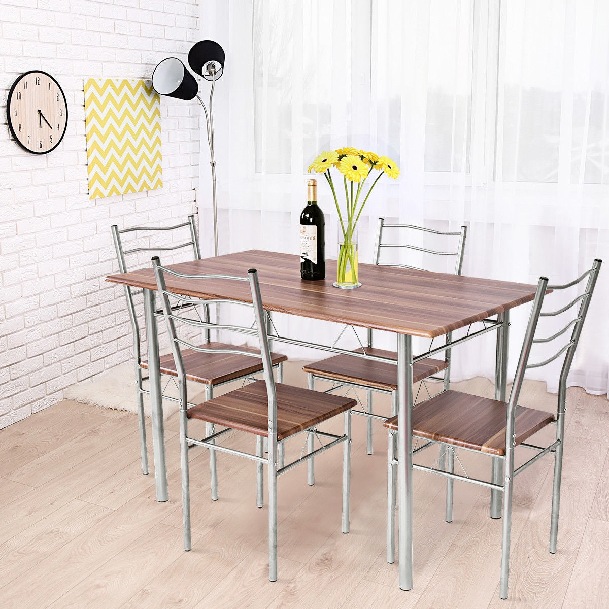 5 Pieces Wood Metal Dining Table Set with 4 Chairs-WalnutÂ 