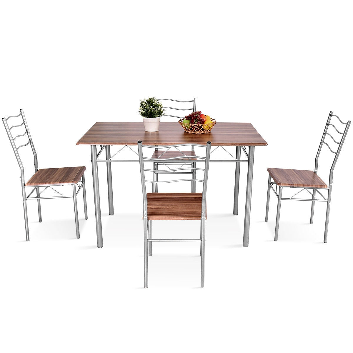 5 Pieces Wood Metal Dining Table Set with 4 Chairs-WalnutÂ 