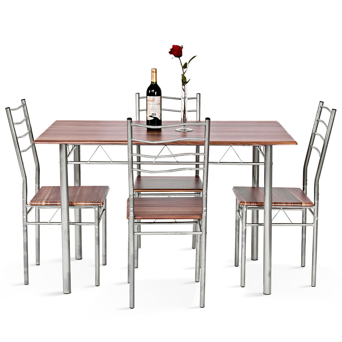 5 Pieces Wood Metal Dining Table Set with 4 Chairs-WalnutÂ 