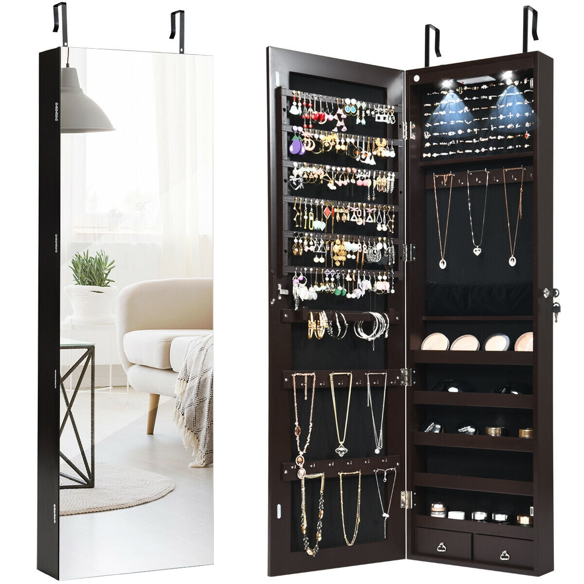 Wall And Door Mounted Mirrored Jewelry Cabinet With Lights-Brown