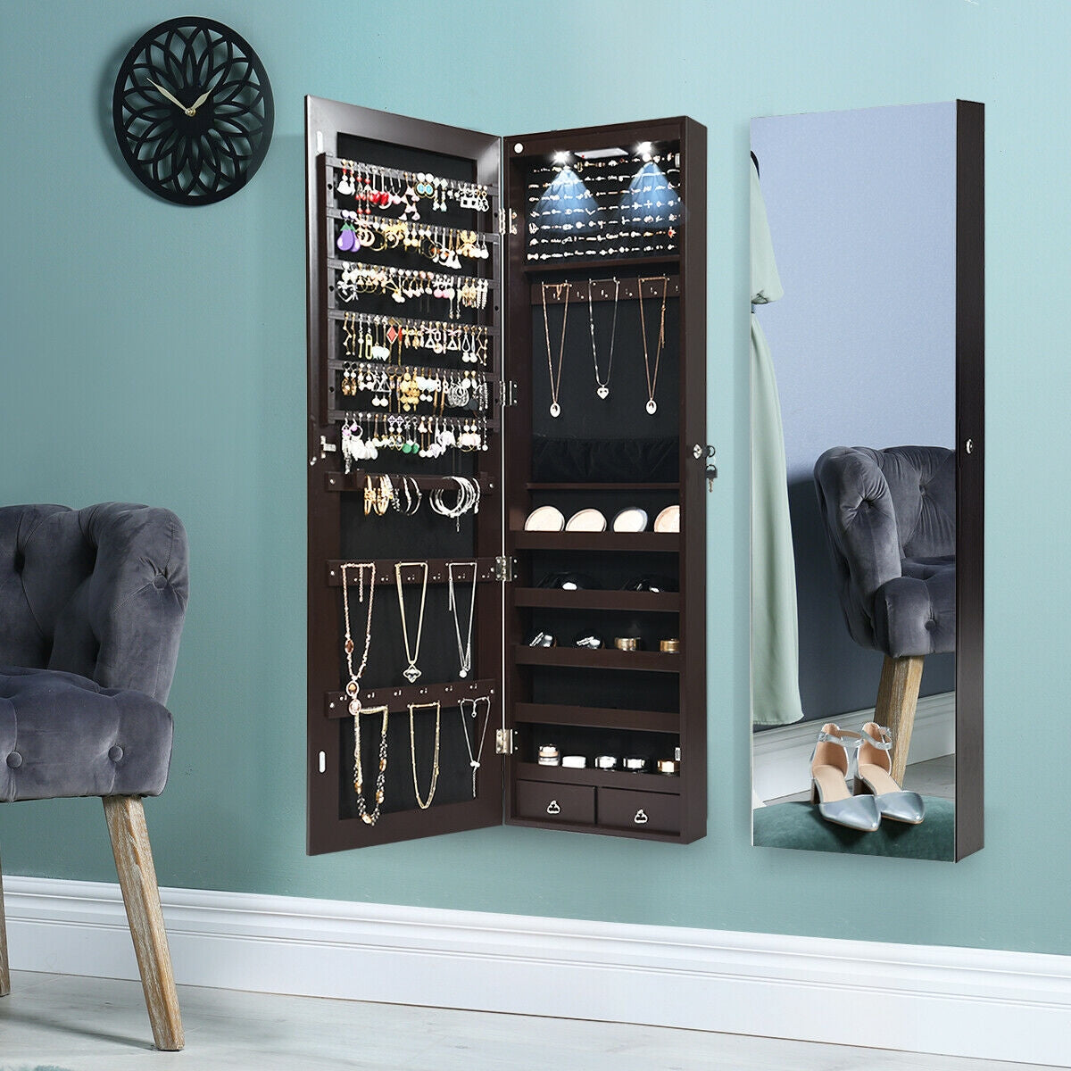 Wall And Door Mounted Mirrored Jewelry Cabinet With Lights-Brown