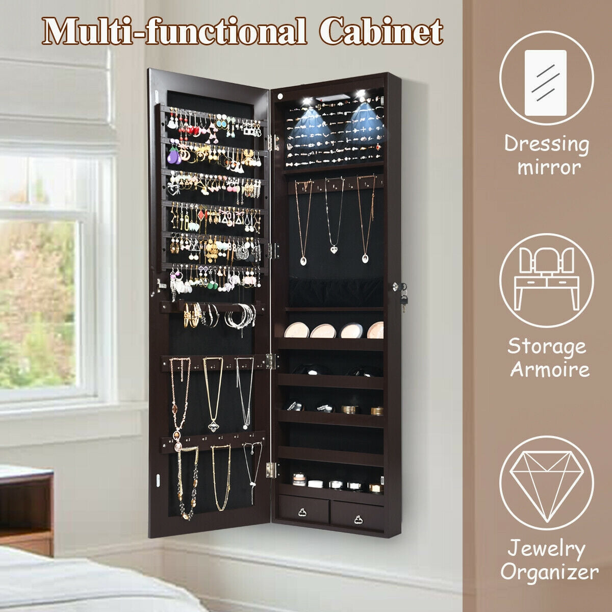 Wall And Door Mounted Mirrored Jewelry Cabinet With Lights-Brown