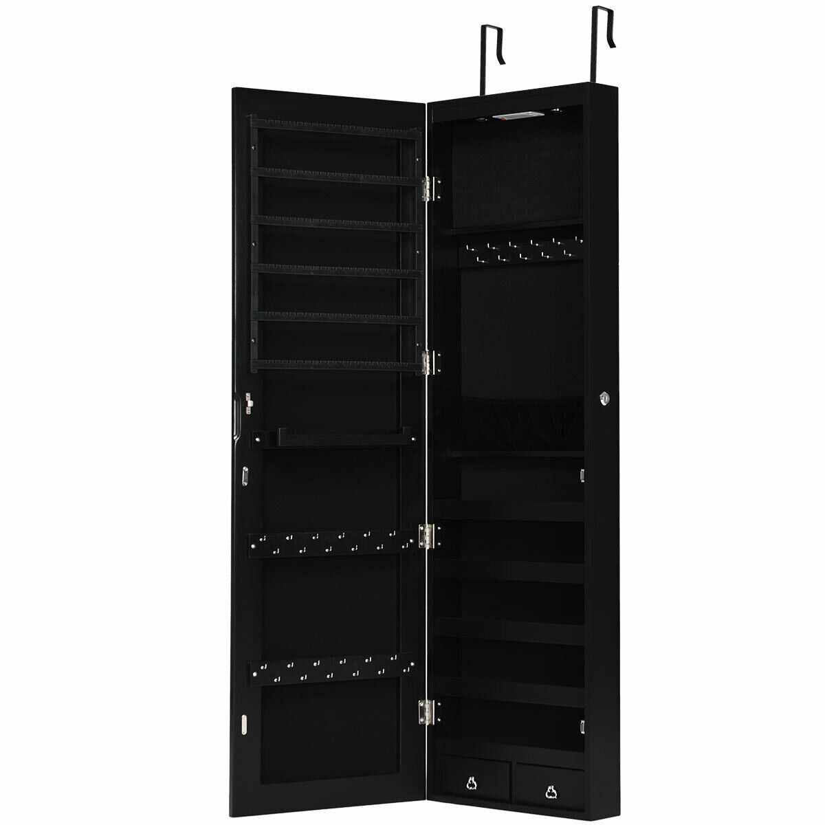 Wall And Door Mounted Mirrored Jewelry Cabinet With Lights-Black