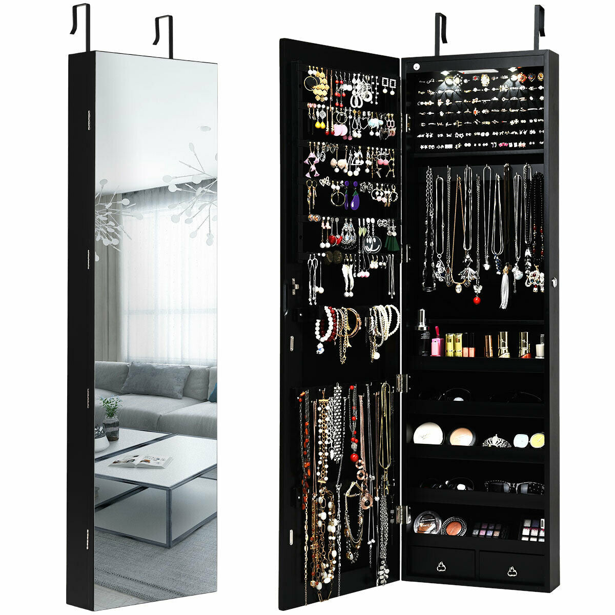 Wall And Door Mounted Mirrored Jewelry Cabinet With Lights-Black