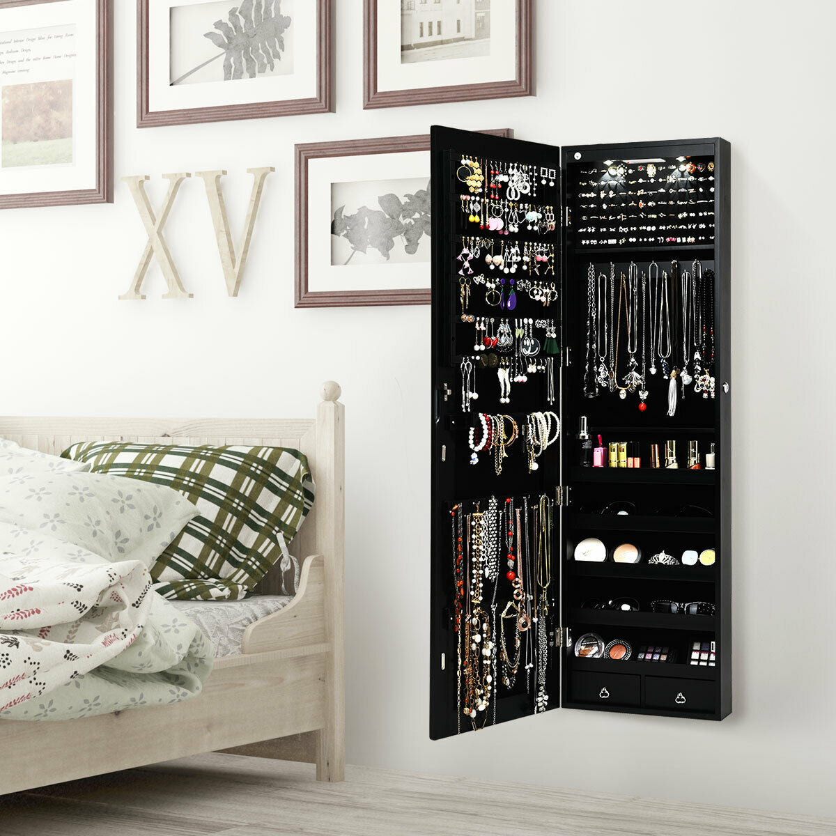 Wall And Door Mounted Mirrored Jewelry Cabinet With Lights-Black