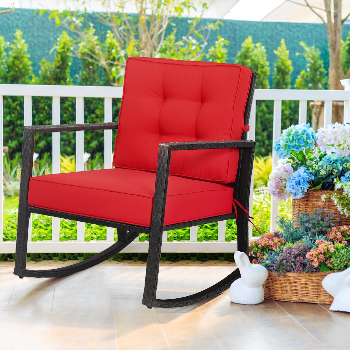 Patio Rattan Rocker Outdoor Glider Rocking Chair Cushion Lawn-Red