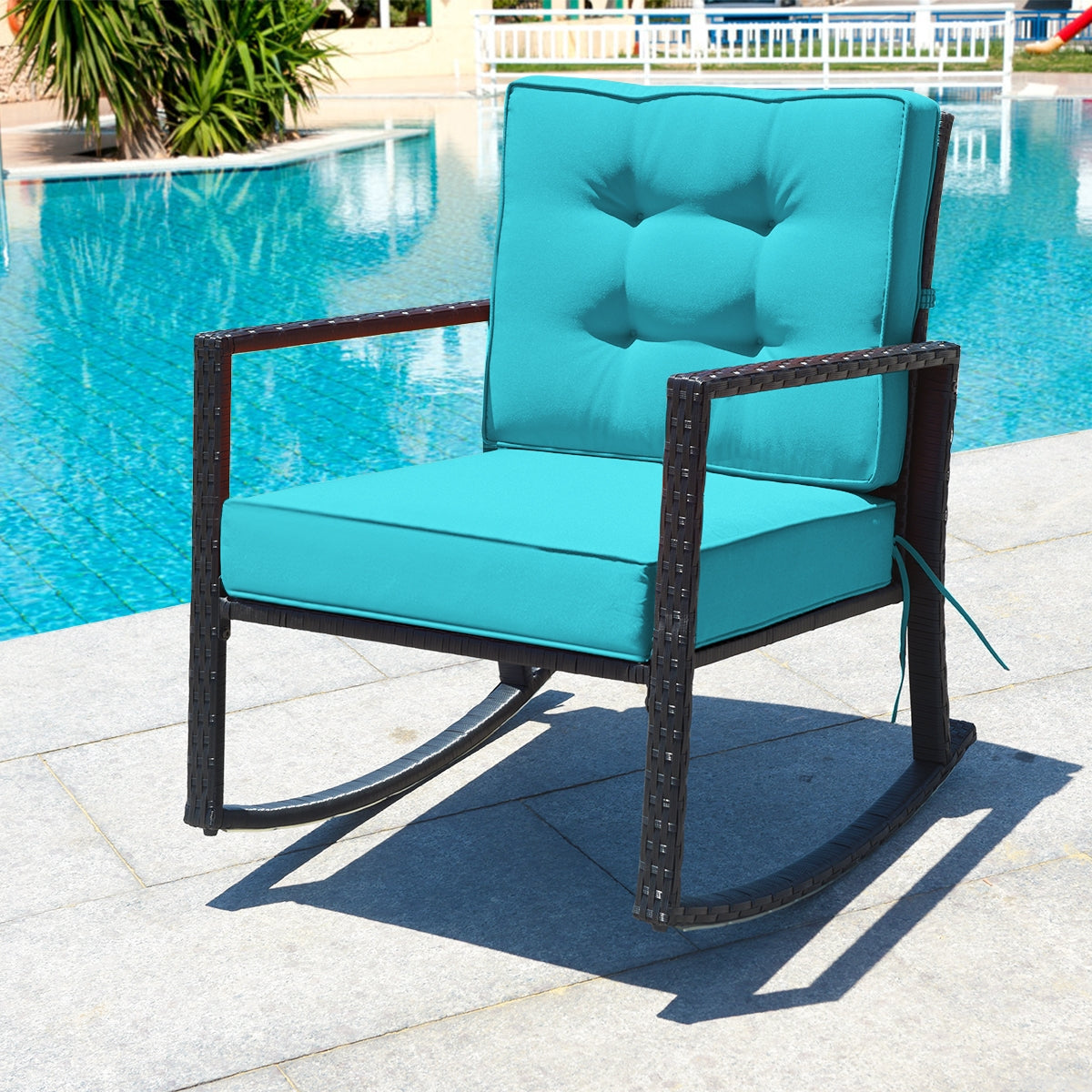 Patio Rattan Rocker Outdoor Glider Rocking Chair Cushion Lawn-Turquoise