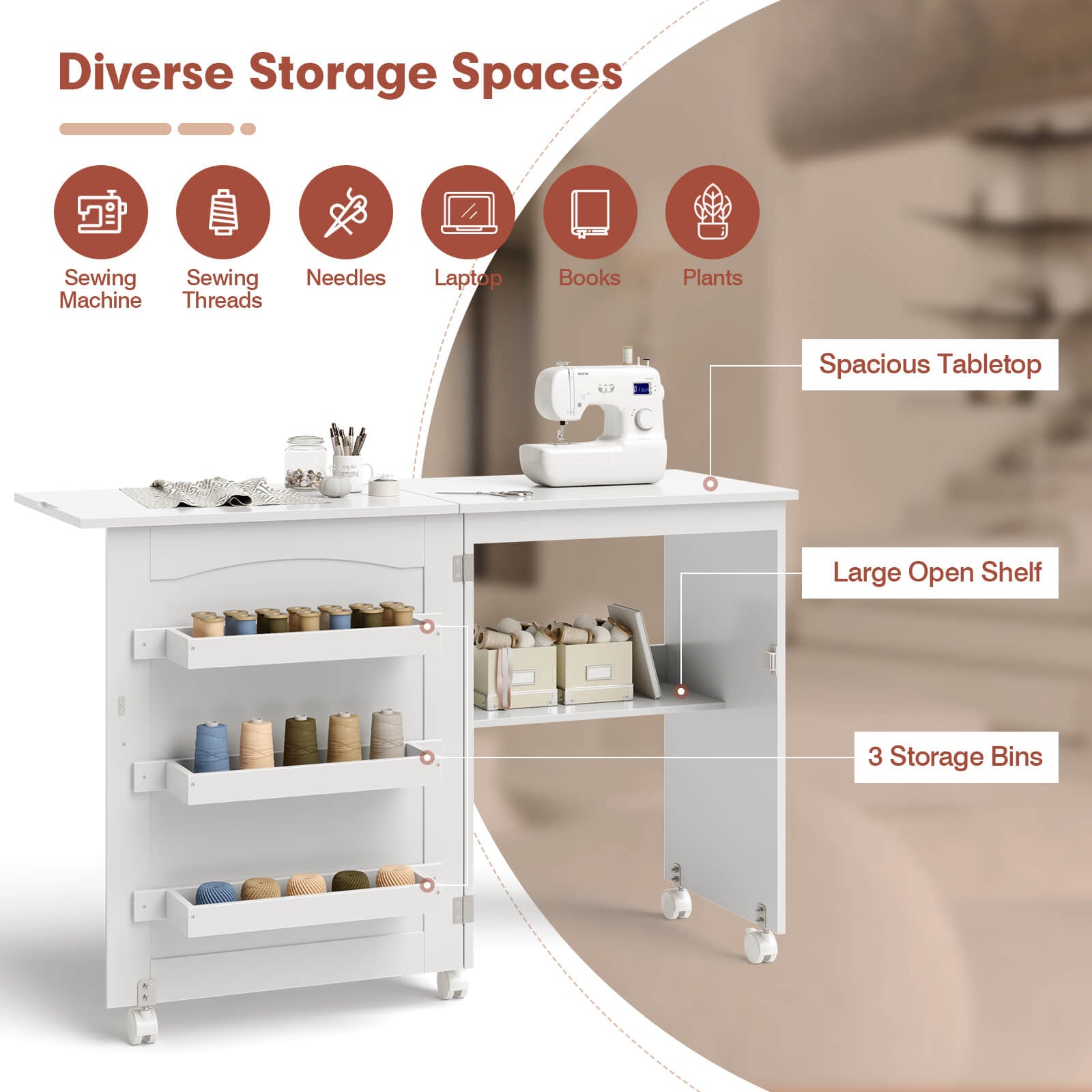 White Folding Swing Craft Table Storage Shelves Cabinet