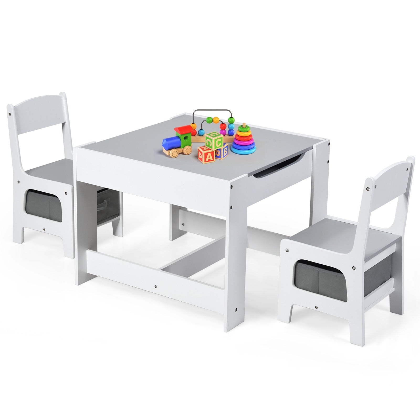 Kids Table Chairs Set With Storage Boxes Blackboard Whiteboard Drawing-White