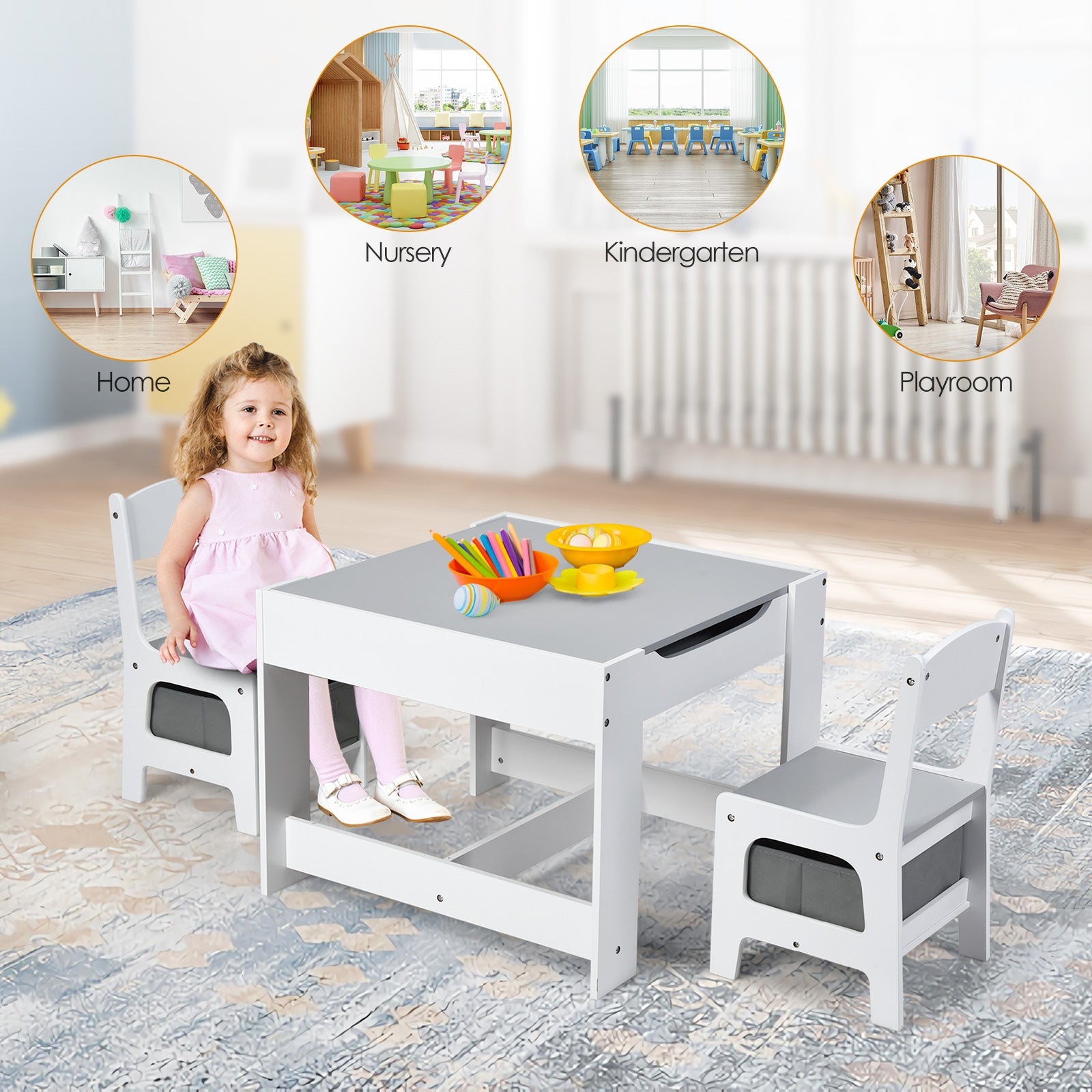 Kids Table Chairs Set With Storage Boxes Blackboard Whiteboard Drawing-White