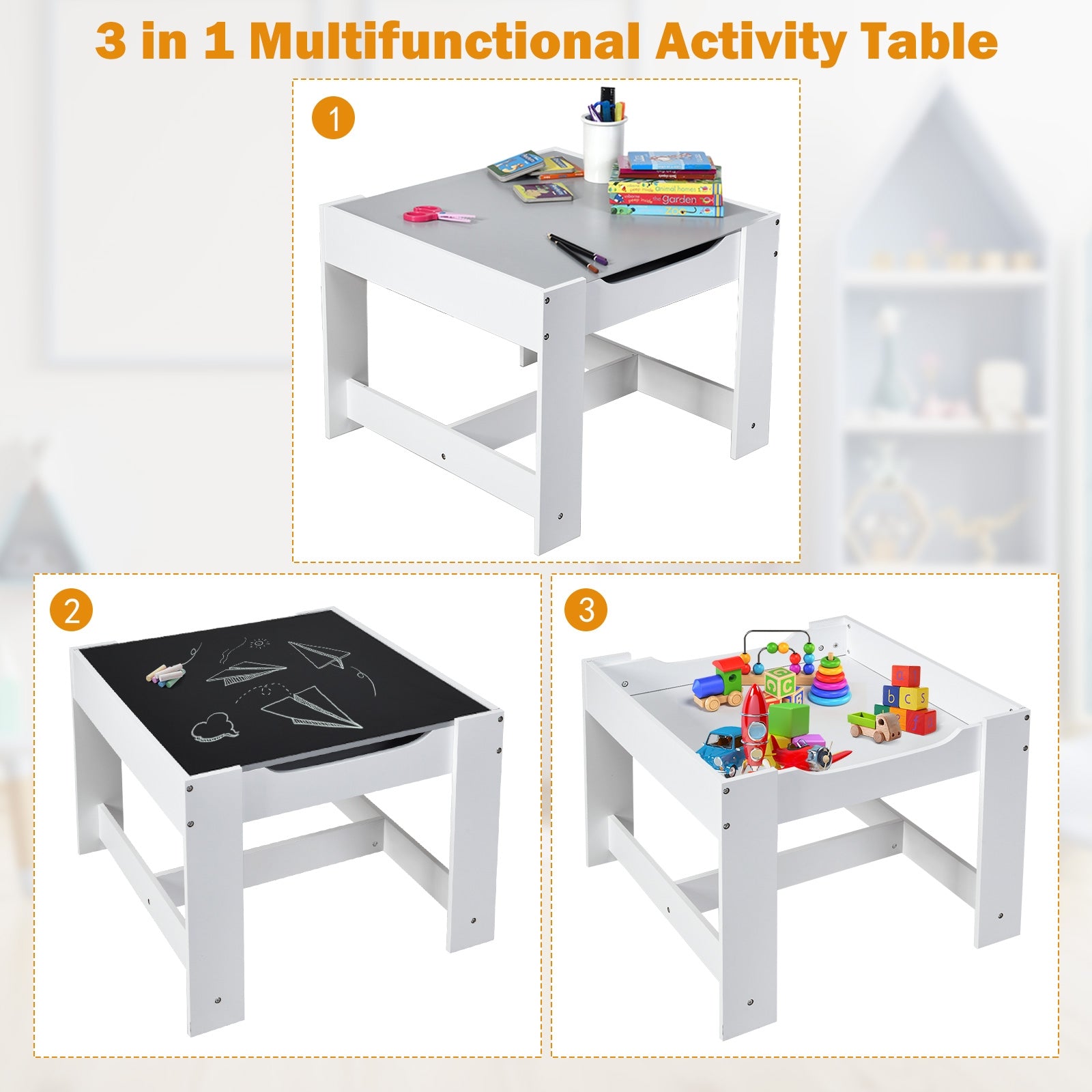 Kids Table Chairs Set With Storage Boxes Blackboard Whiteboard Drawing-White