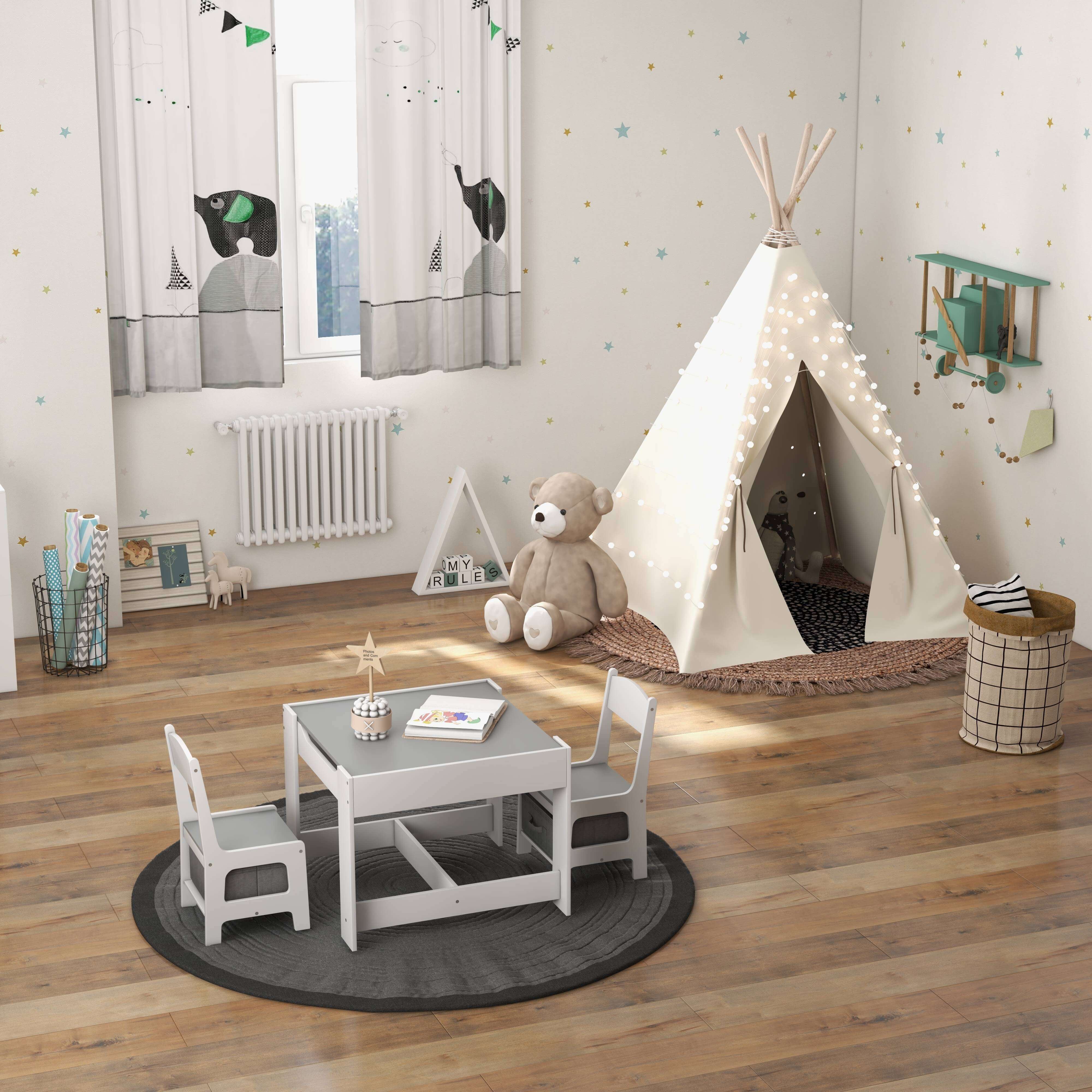 Kids Table Chairs Set With Storage Boxes Blackboard Whiteboard Drawing-WhiteÂ 