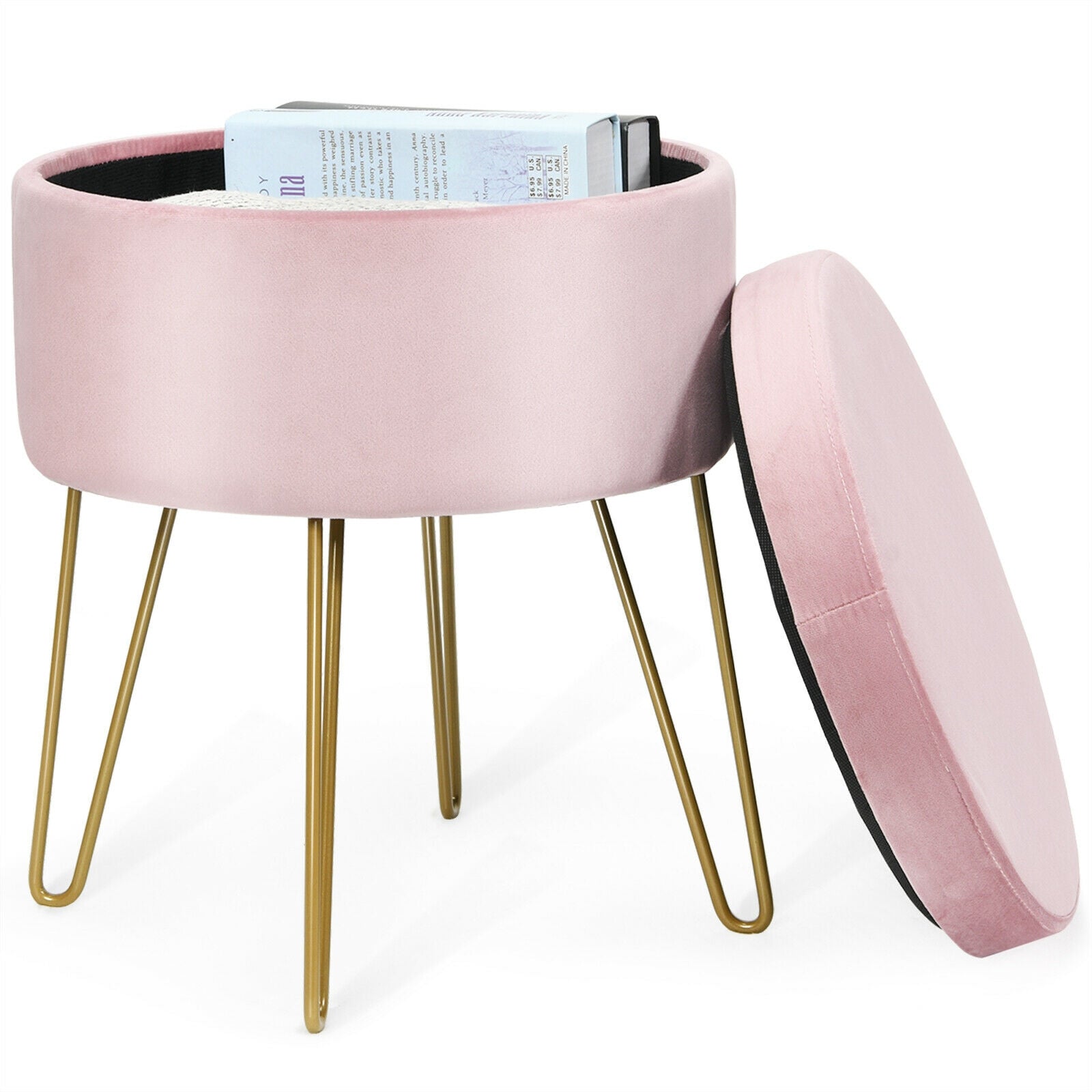 Round Velvet Storage Ottoman Footrest Stool Vanity Chair with Metal Legs-Pink