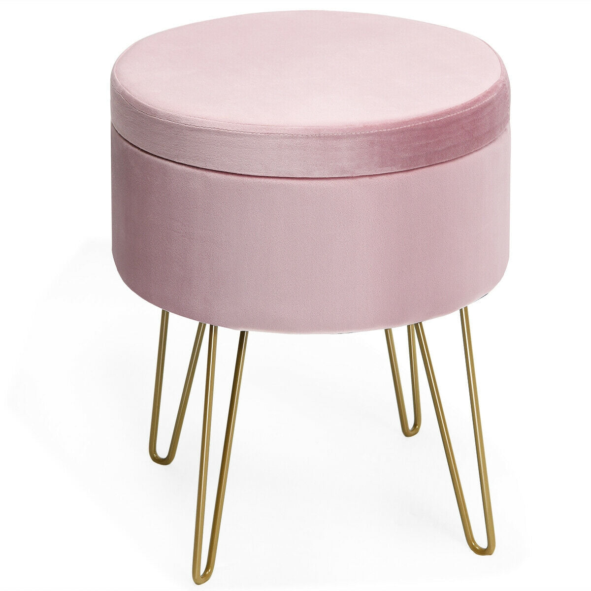 Round Velvet Storage Ottoman Footrest Stool Vanity Chair with Metal Legs-Pink