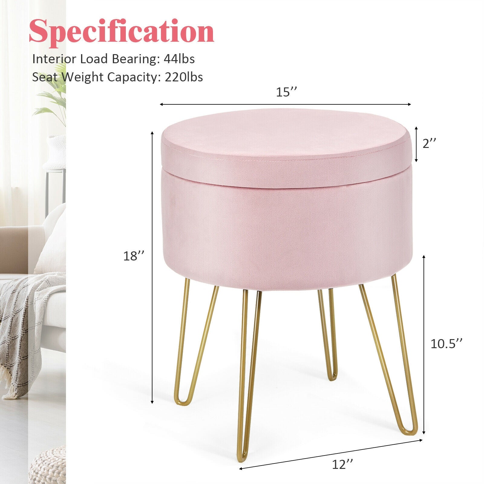 Round Velvet Storage Ottoman Footrest Stool Vanity Chair with Metal Legs-Pink