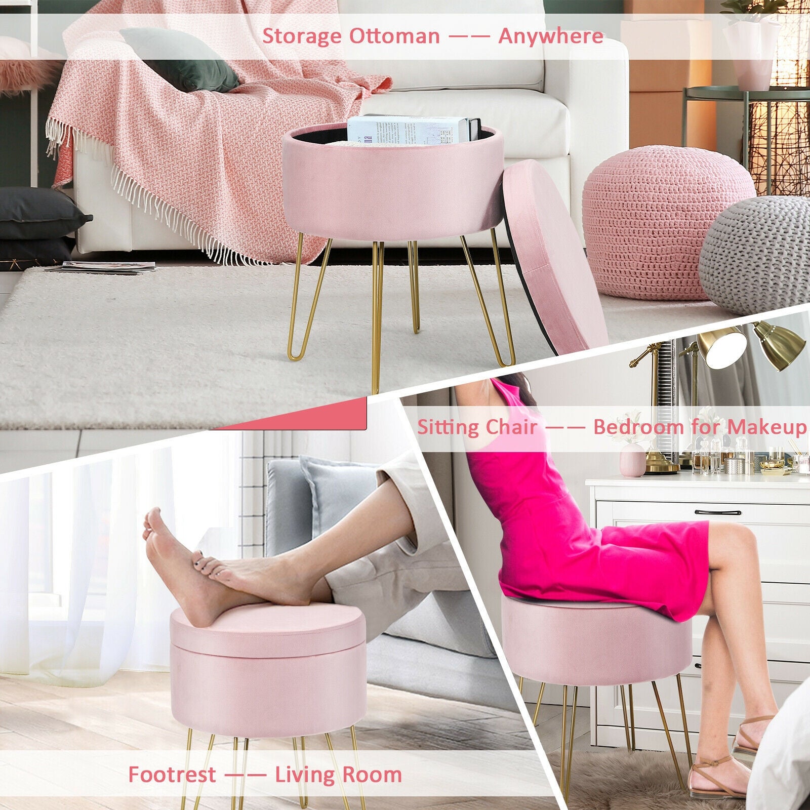 Round Velvet Storage Ottoman Footrest Stool Vanity Chair with Metal Legs-Pink