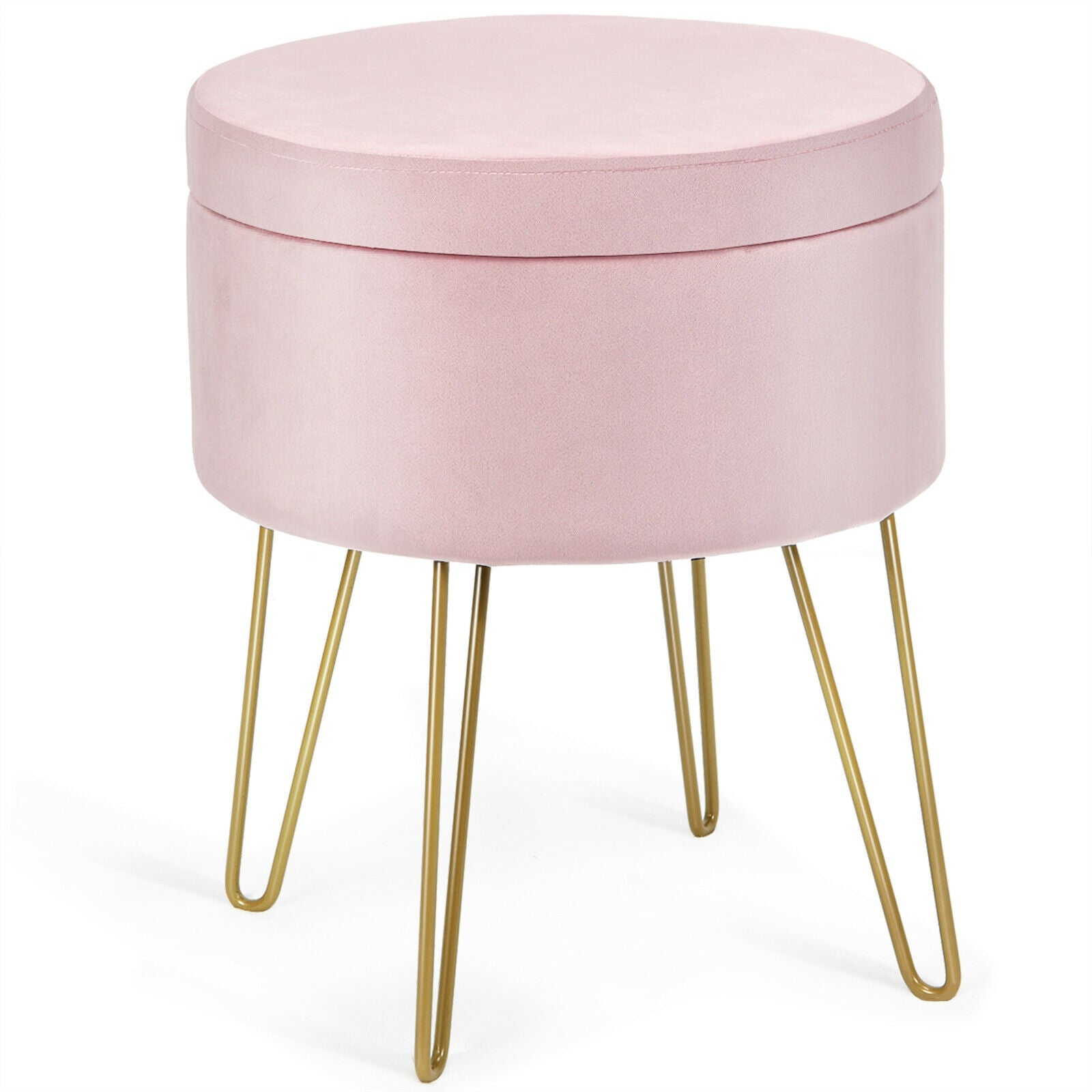 Round Velvet Storage Ottoman Footrest Stool Vanity Chair with Metal Legs-Pink