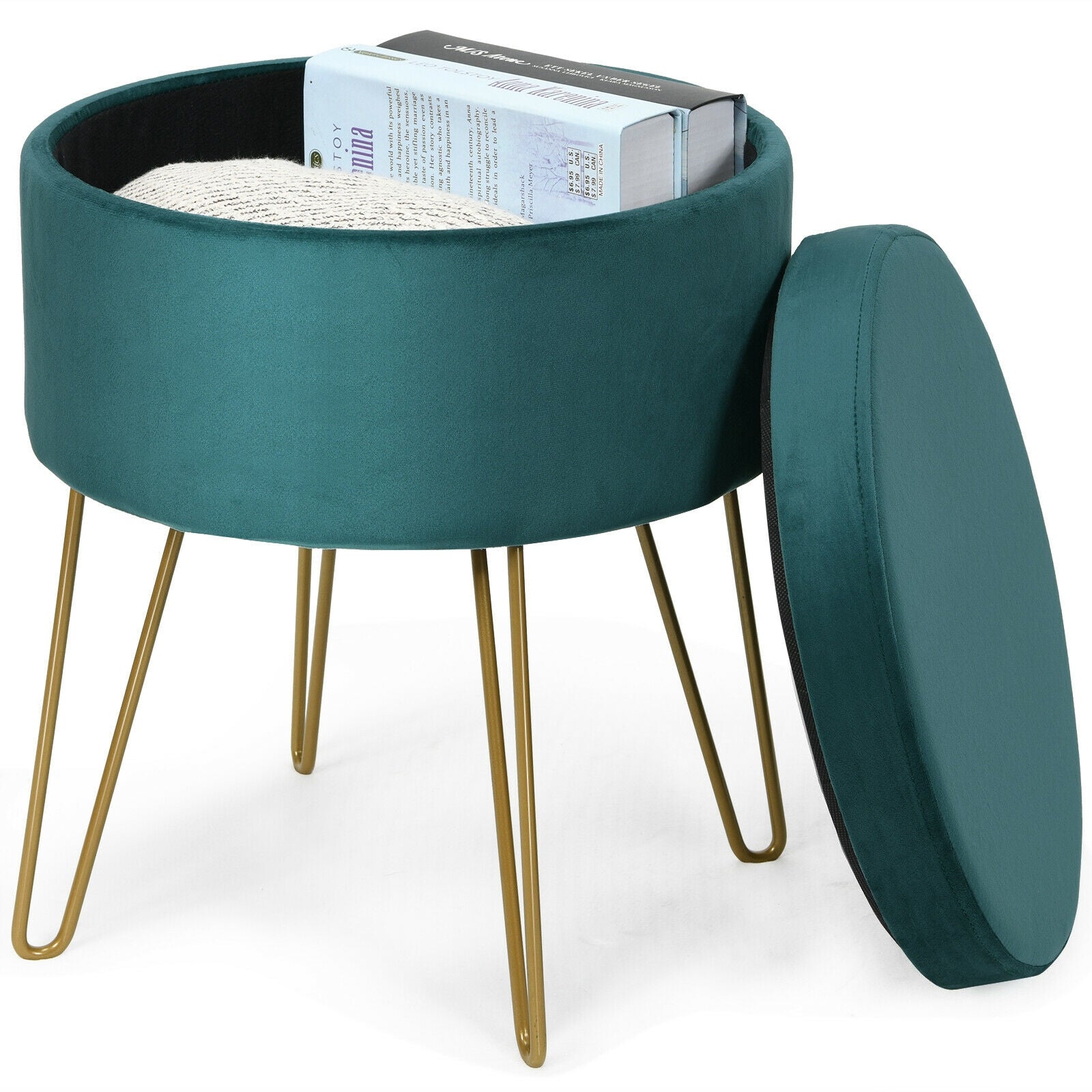 Round Velvet Storage Ottoman Footrest Stool Vanity Chair with Metal Legs-Dark Green