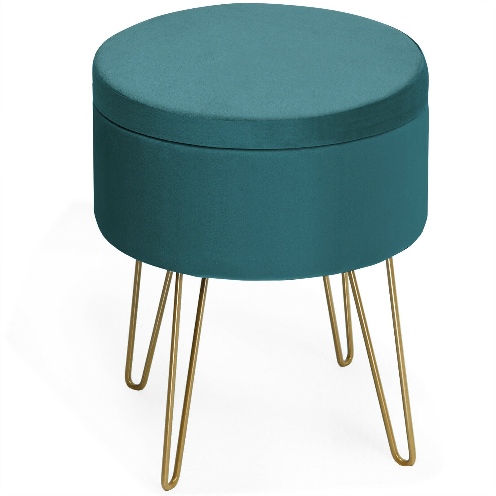 Round Velvet Storage Ottoman Footrest Stool Vanity Chair with Metal Legs-Dark Green