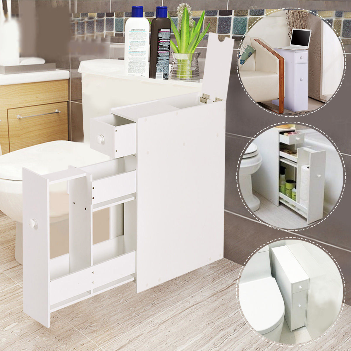 White Bathroom Cabinet Space Saver Storage Organizer-White