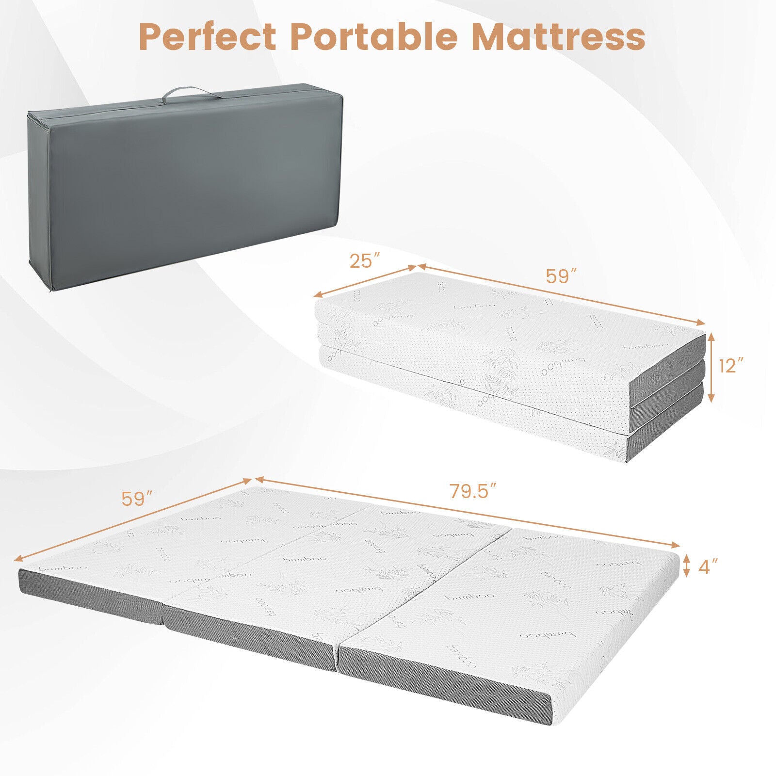 4 Inch Tri-fold Cool Gel Memory Foam Mattress-Queen Size 