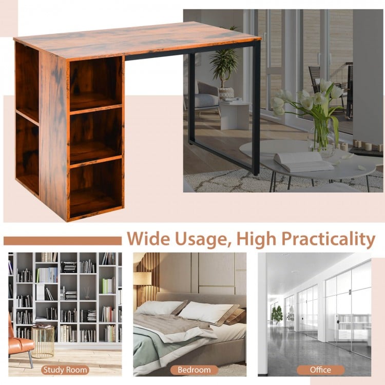 Computer Desk with 5 Side Shelves and Metal Frame-Rustic Brown