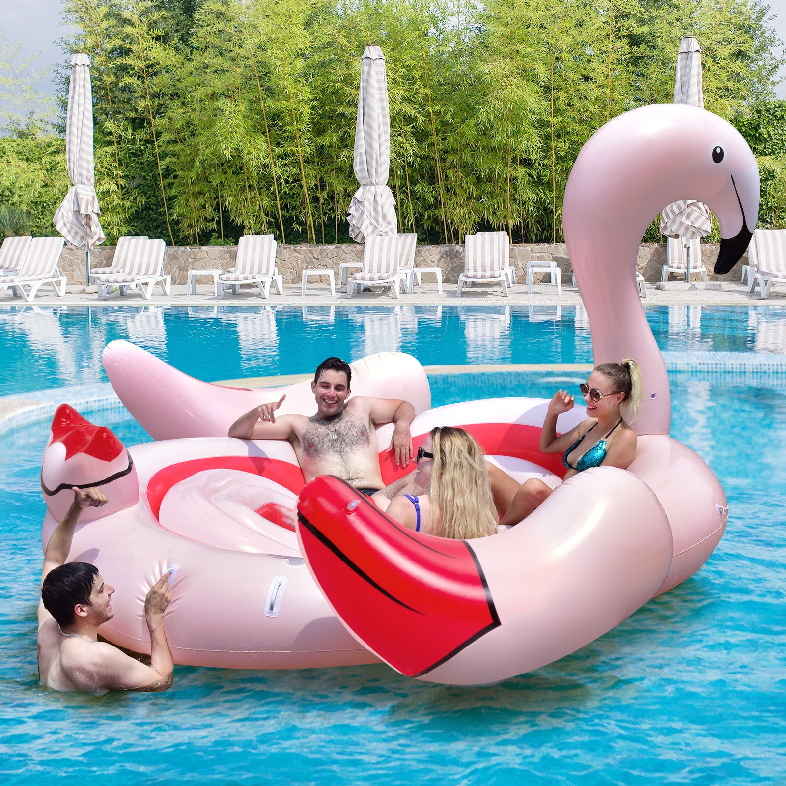 6 People Inflatable Flamingo Floating Island with 6 Cup Holders for Pool and River