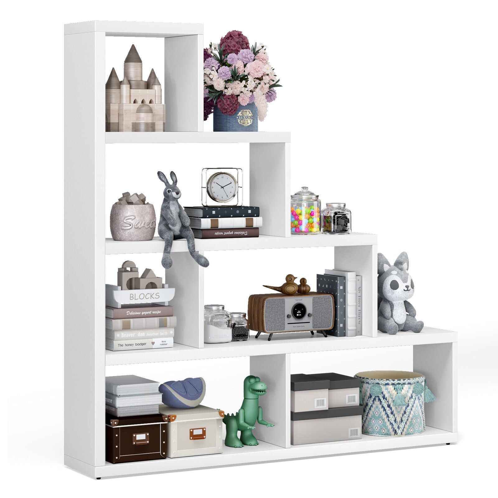 6 Cubes Ladder Shelf Corner Bookshelf Storage Bookcase-White