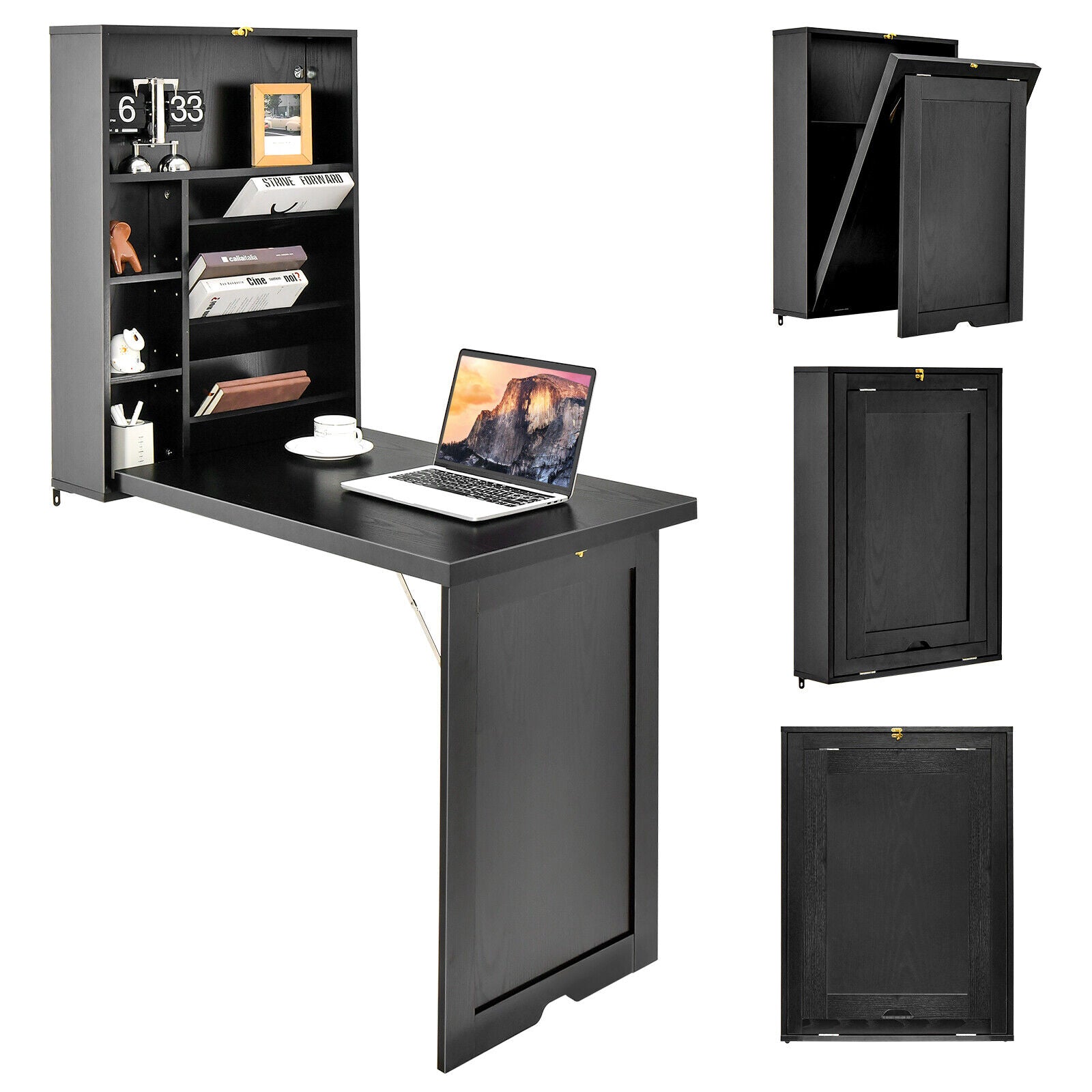 Wall Mounted Fold-Out Convertible Floating Desk Space Saver-Black