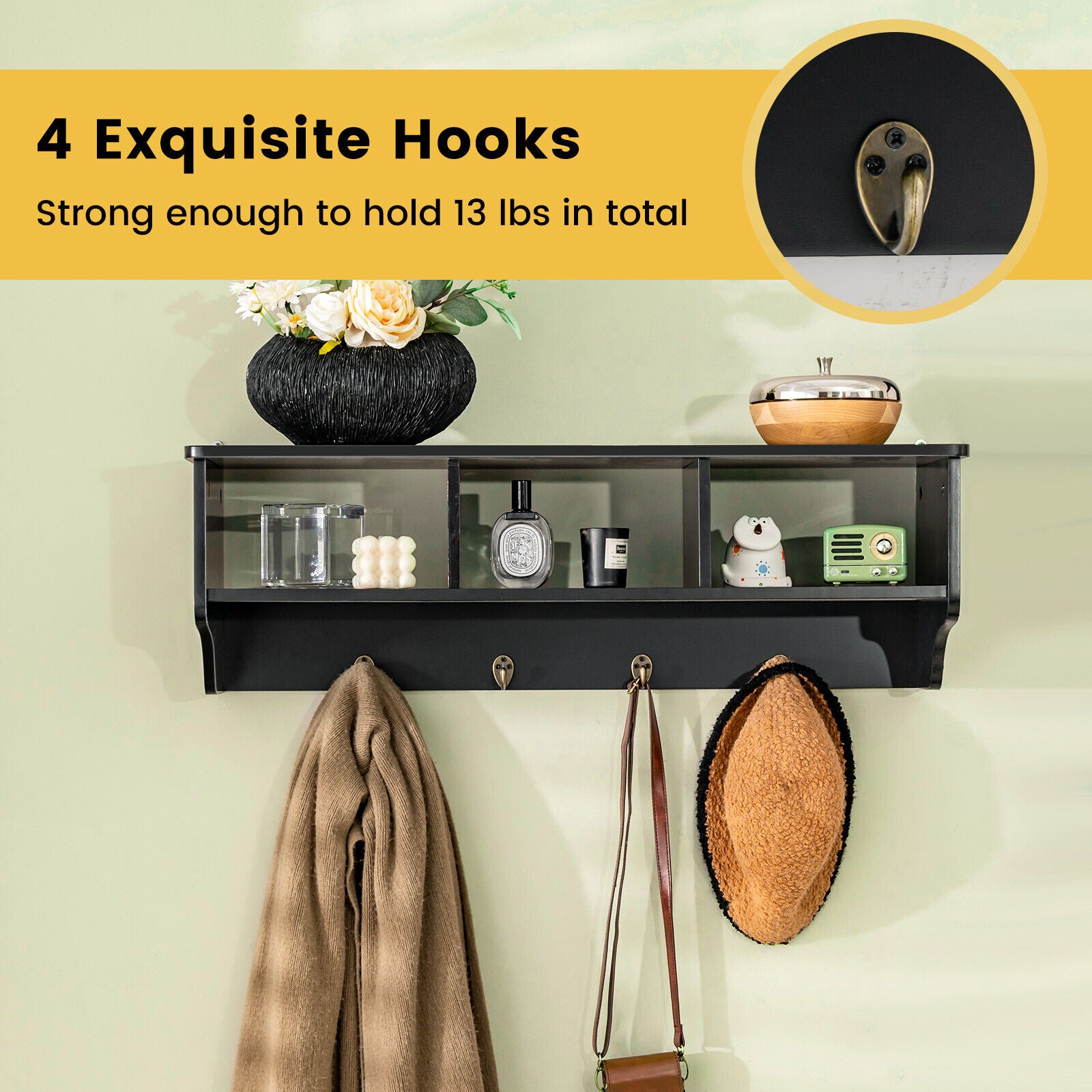 Wall Mount Cubby Organizer Hooks Entryway Storage Shelf-Black