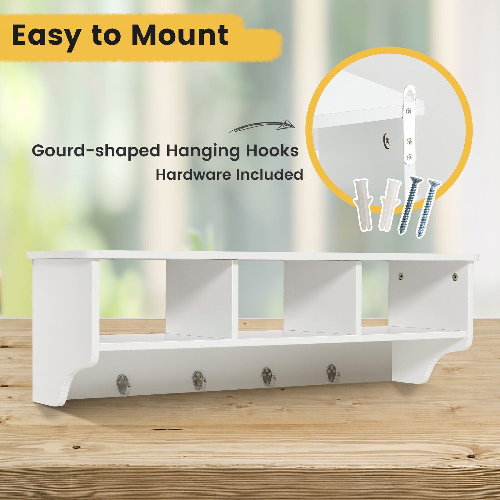 Wall Mount Cubby Organizer Hooks Entryway Storage Shelf-White