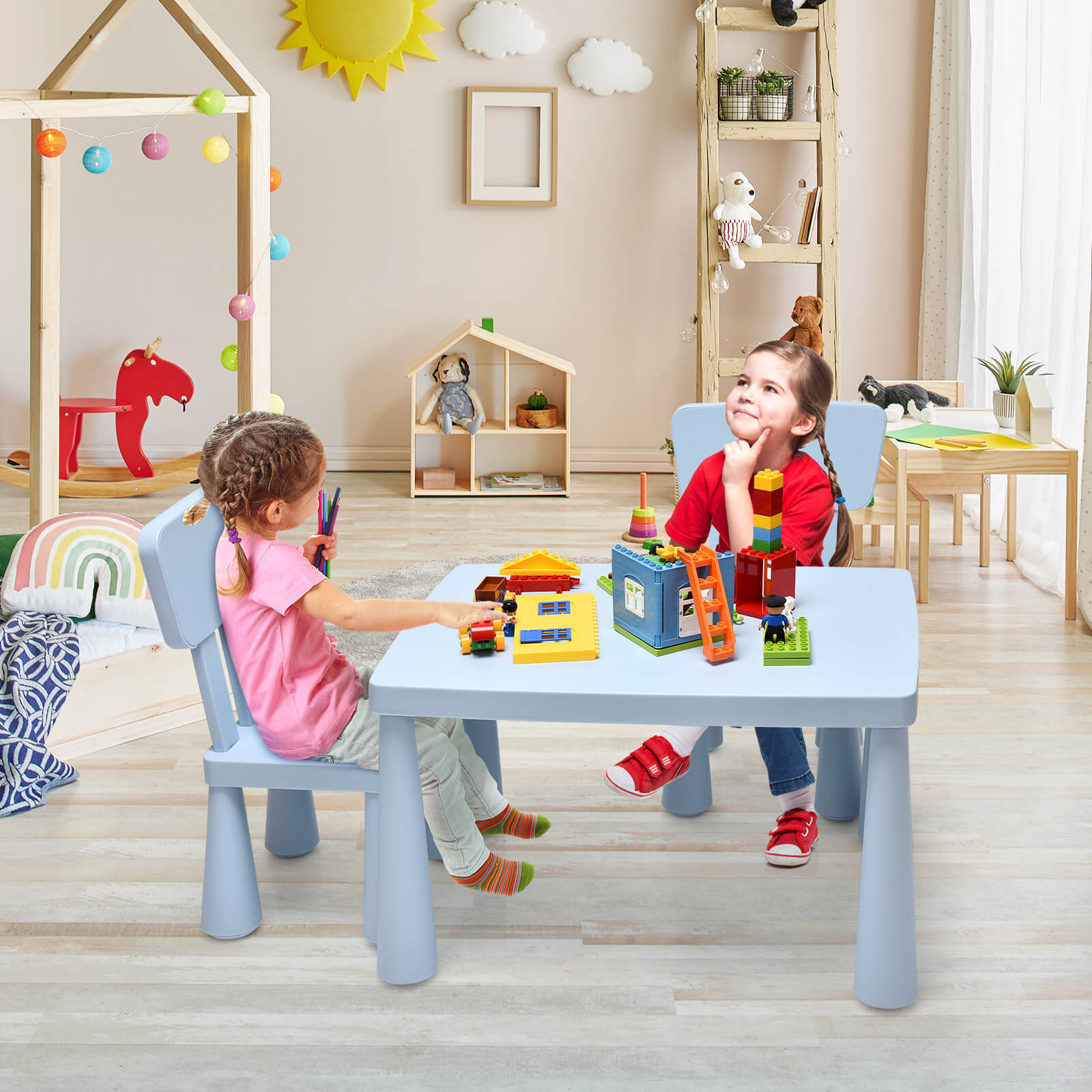 3 Pieces Toddler Multi Activity Play Dining Study Kids Table and Chair Set-BlueÂ 